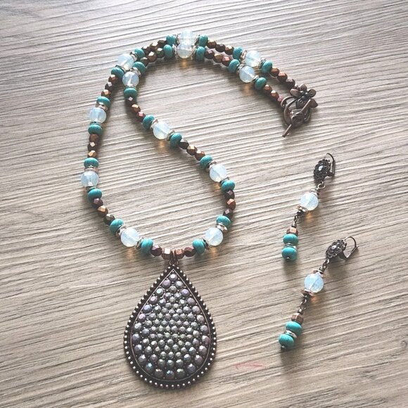 Southwest Beaded Necklace Earrings Set With Vtg Copper Pendant OOAK Handmade 23" - Picture 5 of 11